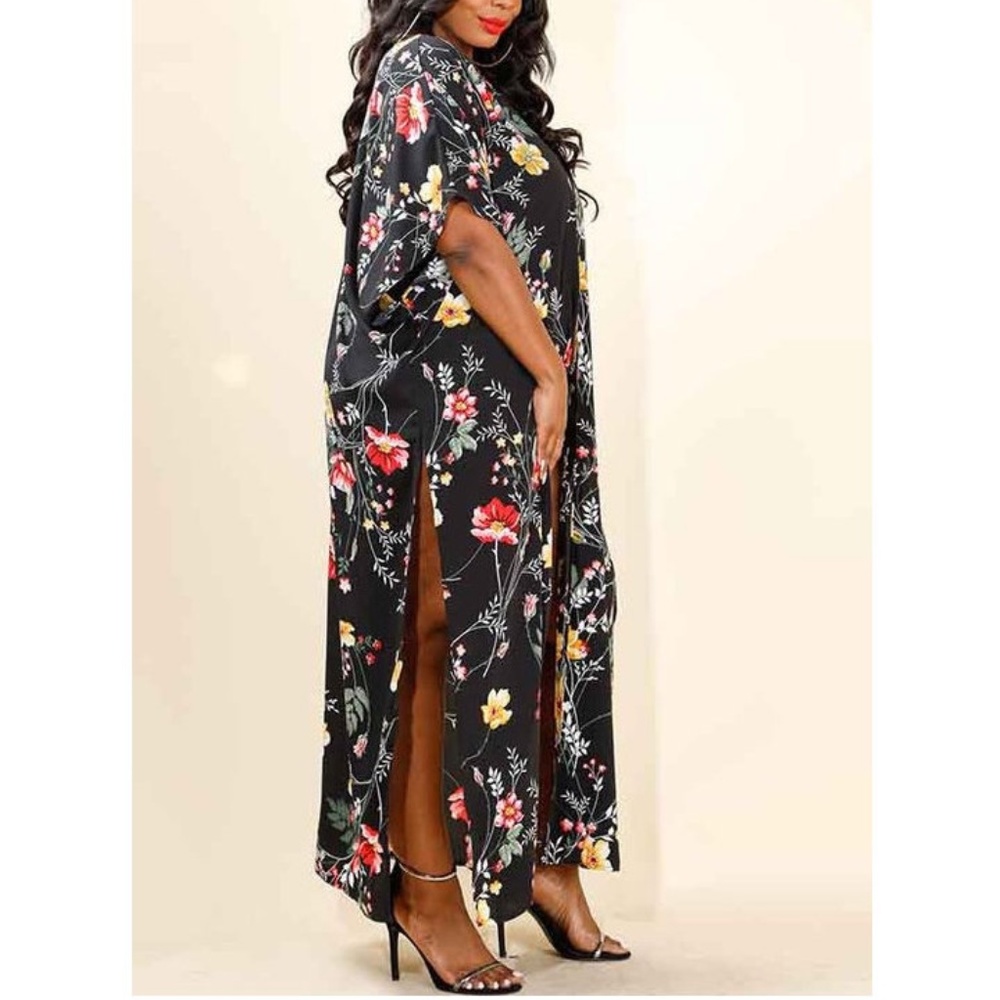 Black Floral Kimono Cardigan Duster Maxi Tunic - Picture 3 of 6